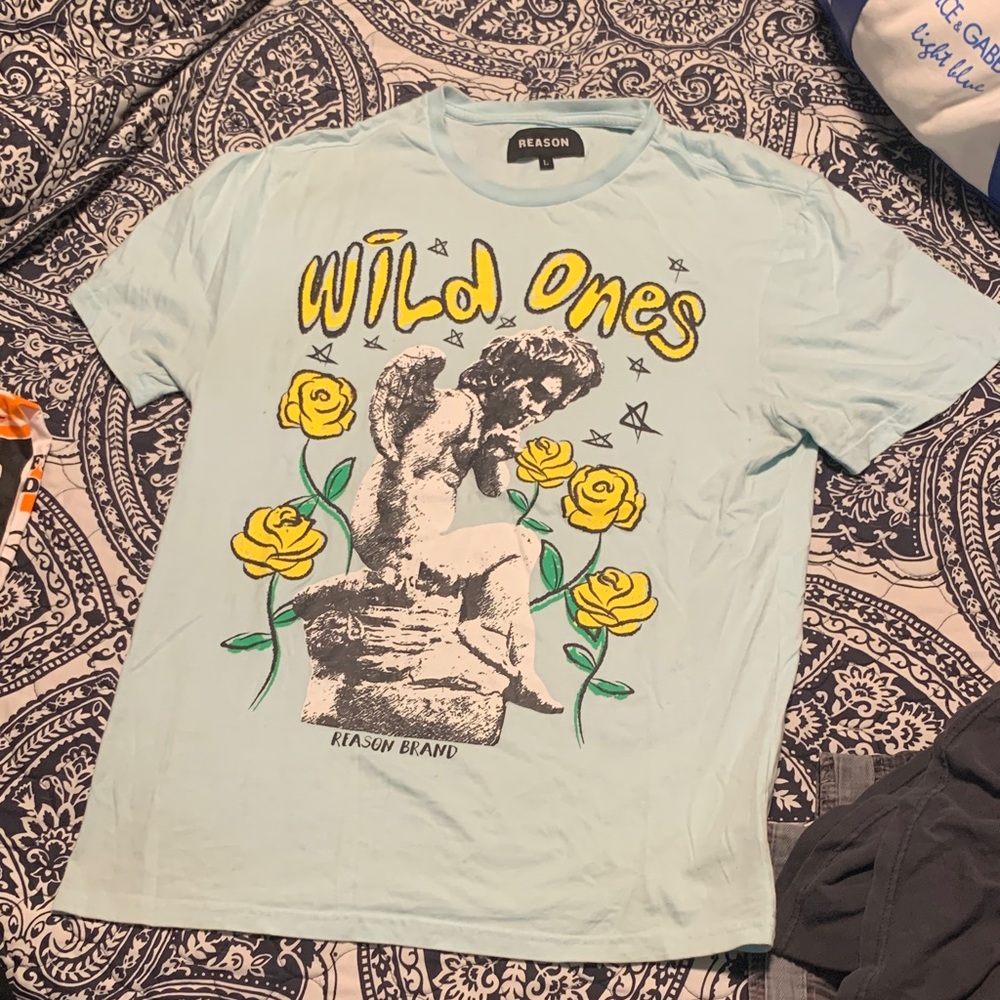 Reason Light Blue 'Wild Ones' Graphic Tee with Yellow Roses
